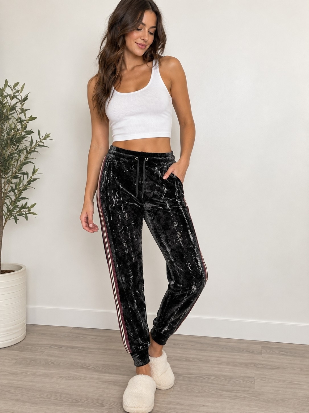 Zara Crushed Velvet Side Stripe Jogger Pants Size M